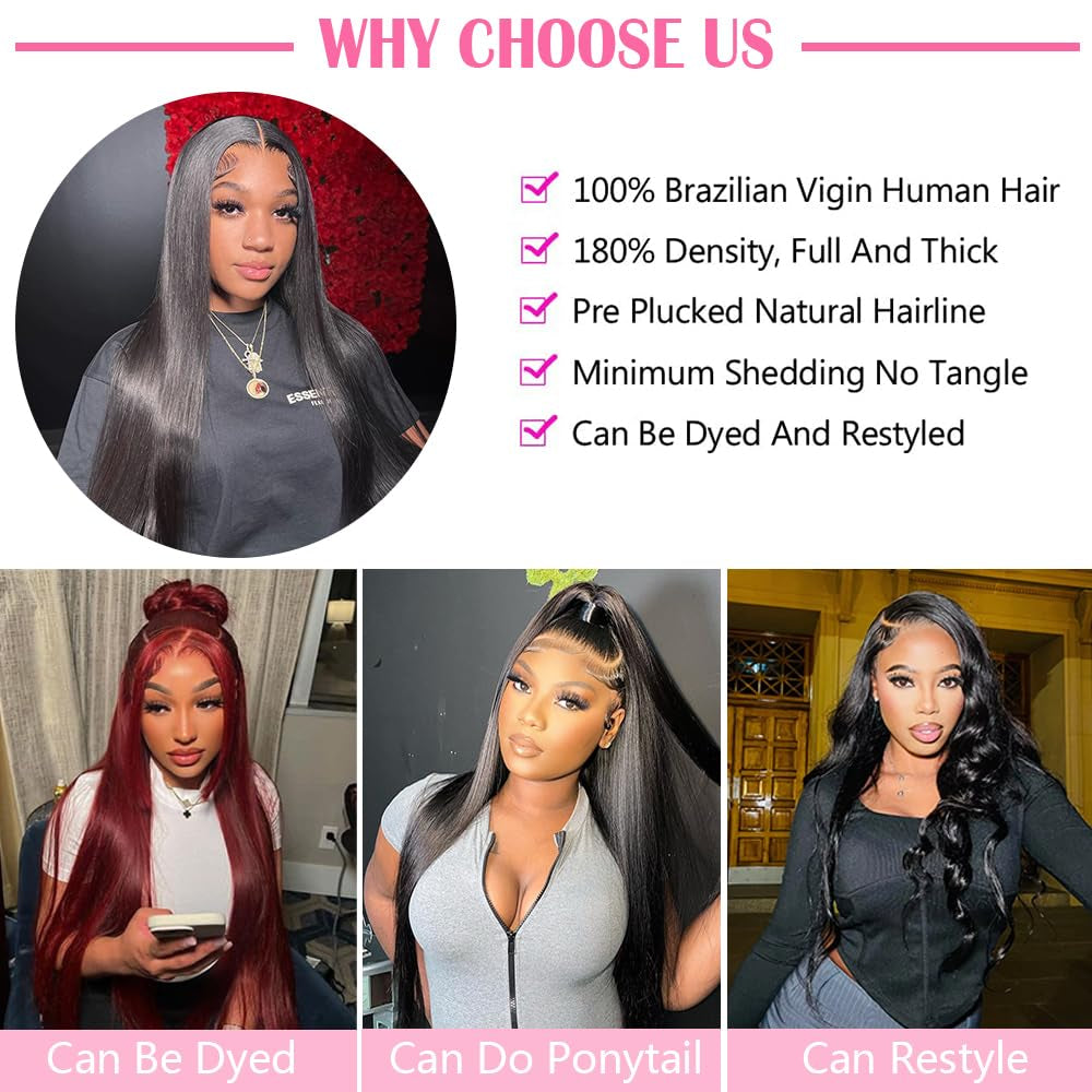 Straight Lace Front Wigs - 13X4 HD Lace Front, Pre-Plucked 180 Density, Glueless Wigs in 28 Inch, Lace Frontal Wigs for Black Women with Baby Hair